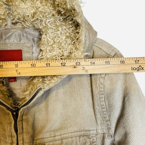 Vintage Y2K Esprit Corduroy Hooded Jacket Women M Beig  Full Zip Faux Fur Trim - Picture 7 of 12